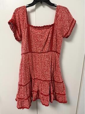 American eagle women’s tiered puff sleeve dress Sz L floral lace lined milkmaid